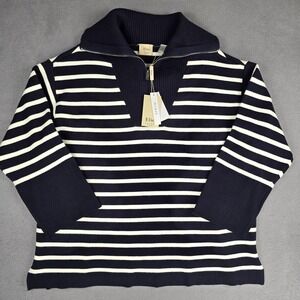 Elie Tahari Woman Sweater Womens 1X Navy Ivory Striped Half Zip Funnel Collar